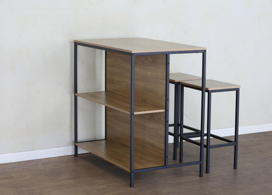Set de Mesa Alta con 2 Taburetes y Estantería Lateral – Conjunto de Barra de Cocina, Comedor o Salón