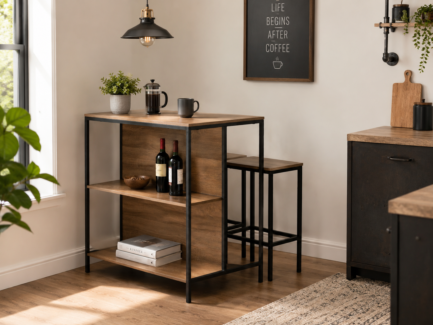 Buyqualia - Set de Mesa Alta con 2 Taburetes y Estantería Lateral 95x100x60 cm – Conjunto de Barra de Cocina, Comedor o Salón, Mesa Alta con Almacenaje