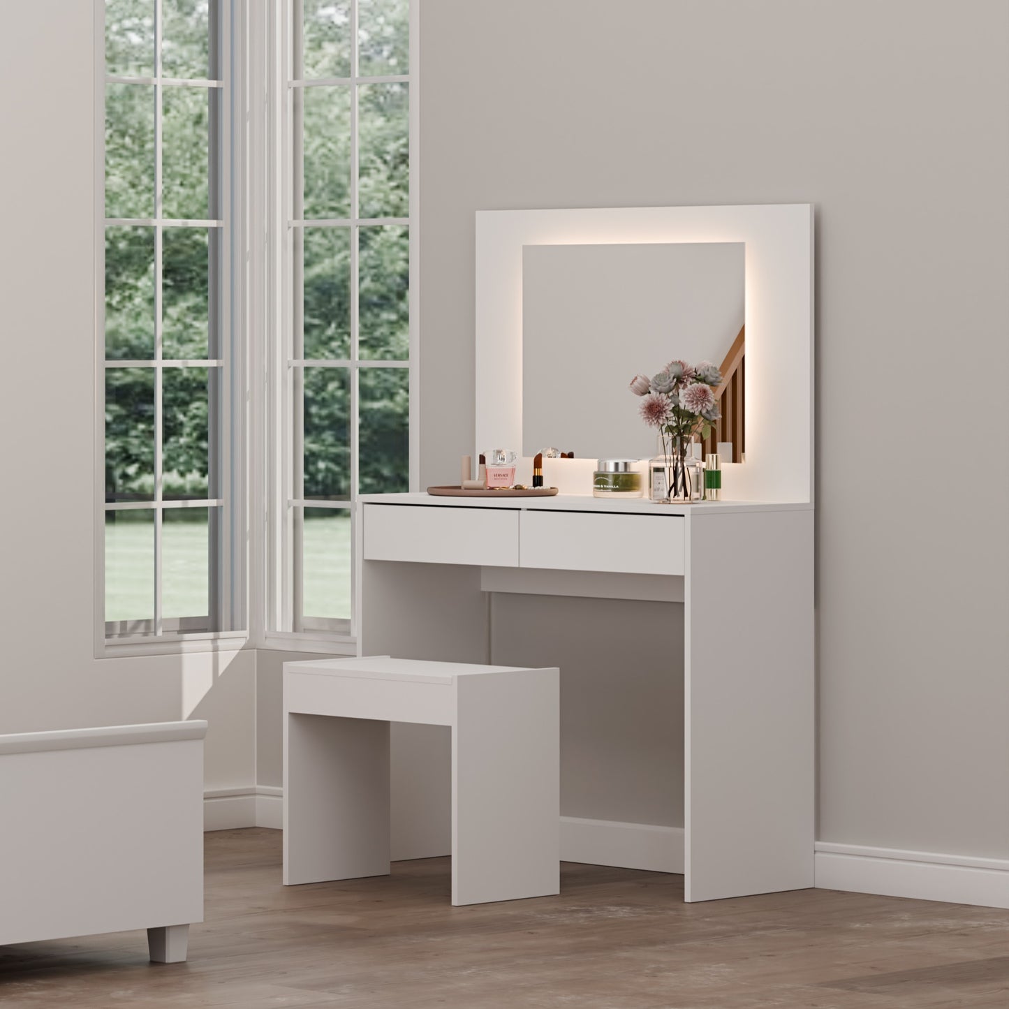 Tocador moderno con espejo LED y taburete incluido para dormitorio