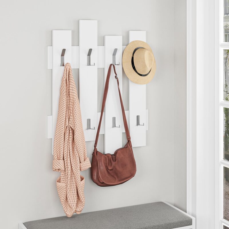 Perchero de Pared Blanco con 8 Ganchos – Diseño de Tablones Estilo Madera, Ideal para Recibidores y Dormitorios - 81x64x4 cm - Buyqualia