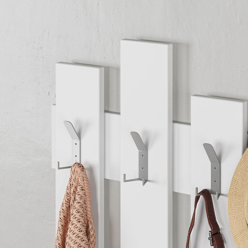 Perchero de Pared Blanco con 8 Ganchos – Diseño de Tablones Estilo Madera, Ideal para Recibidores y Dormitorios - 81x64x4 cm - Buyqualia