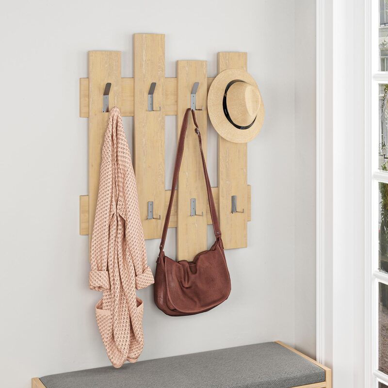 Perchero de Pared Blanco con 8 Ganchos – Diseño de Tablones Estilo Madera, Ideal para Recibidores y Dormitorios - 81x64x4 cm - Buyqualia