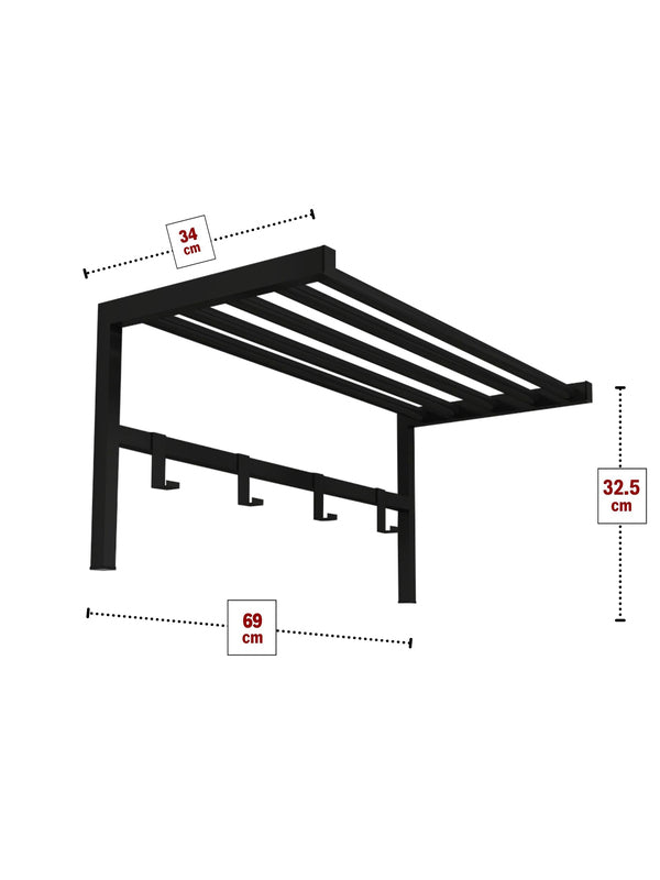 Perchero de pared negro con 4 ganchos y estante superior – Práctico y decorativo, 69x33x34 cm - Buyqualia