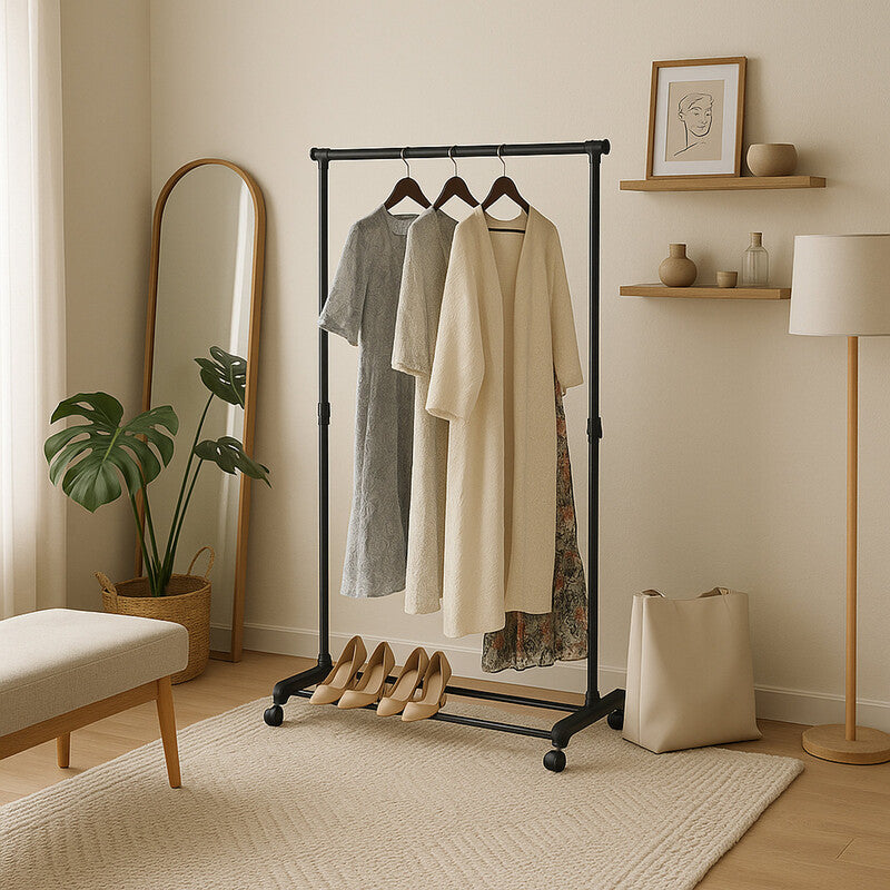 Perchero Burro de Ropa con Ruedas – Estructura Metálica Negra, Práctico y Móvil - 157x77x42 cm - Buyqualia