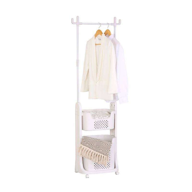 Perchero Blanco con Barra para Colgar y 2 Cestas – Ideal para Lavandería o Cuarto de Servicio – 177x42x35 cm - Buyqualia