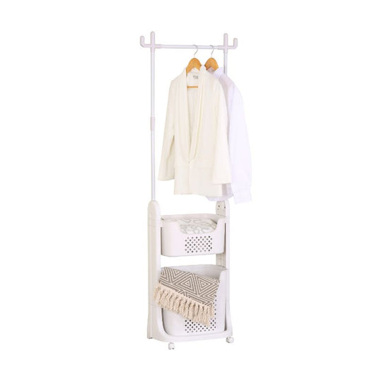 Perchero Blanco con Barra para Colgar y 2 Cestas – Ideal para Lavandería o Cuarto de Servicio – 177x42x35 cm - Buyqualia