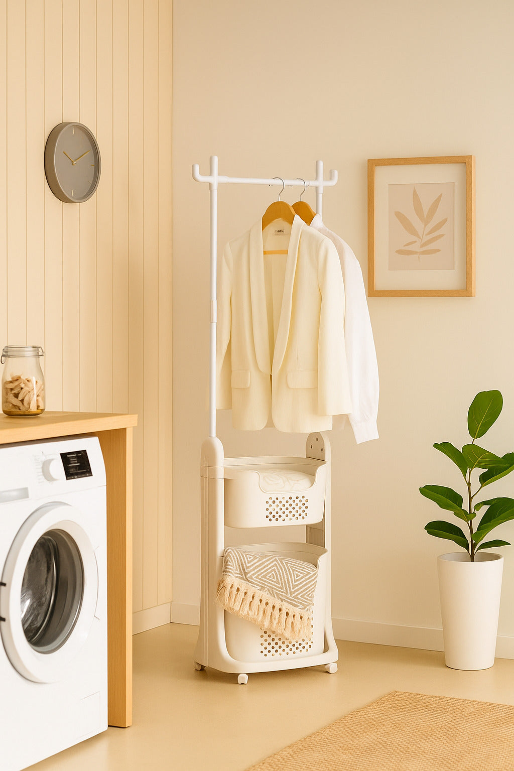 Perchero Blanco con Barra para Colgar y 2 Cestas – Ideal para Lavandería o Cuarto de Servicio – 177x42x35 cm - Buyqualia