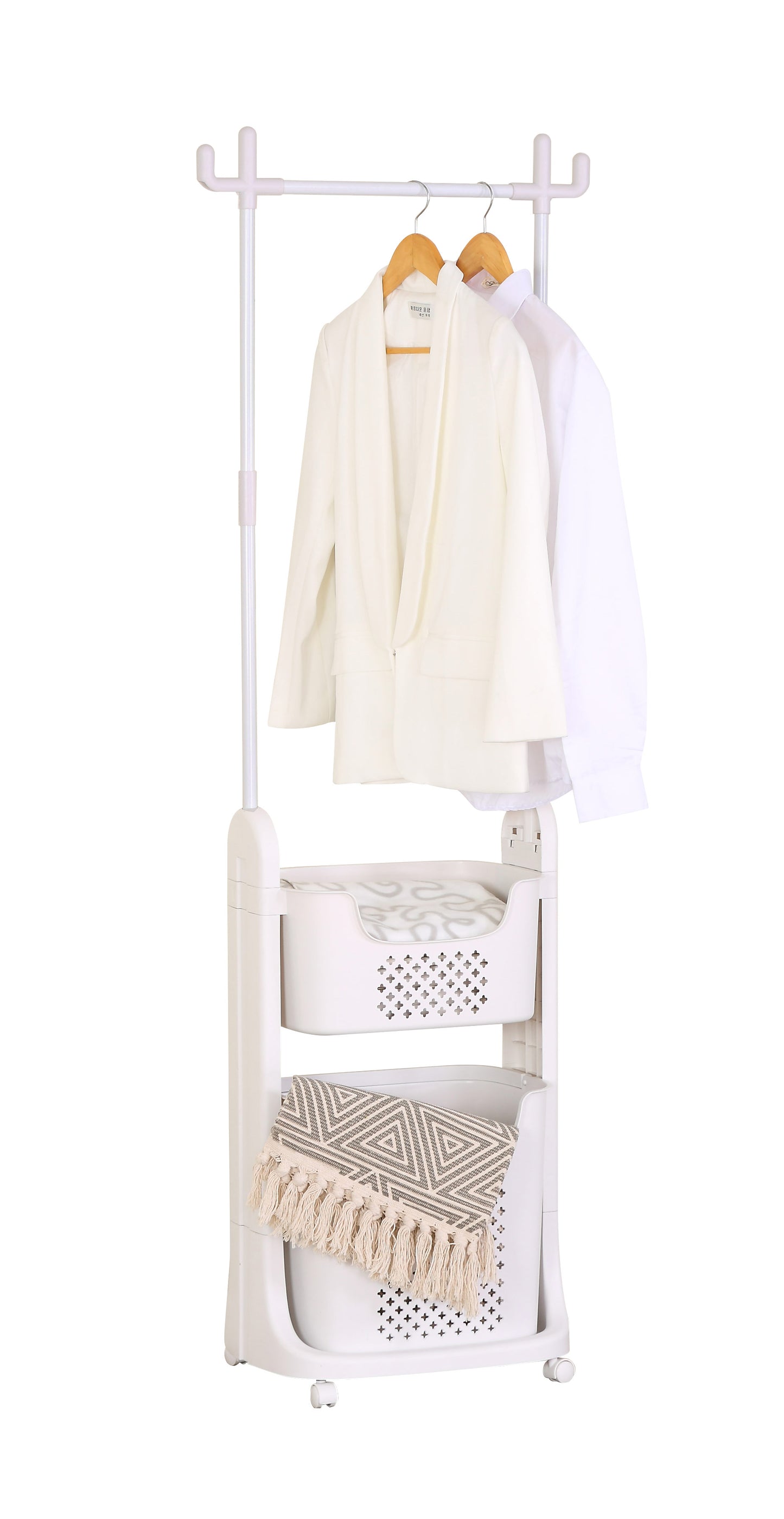 Perchero Blanco con Barra para Colgar y 2 Cestas – Ideal para Lavandería o Cuarto de Servicio – 177x42x35 cm - Buyqualia