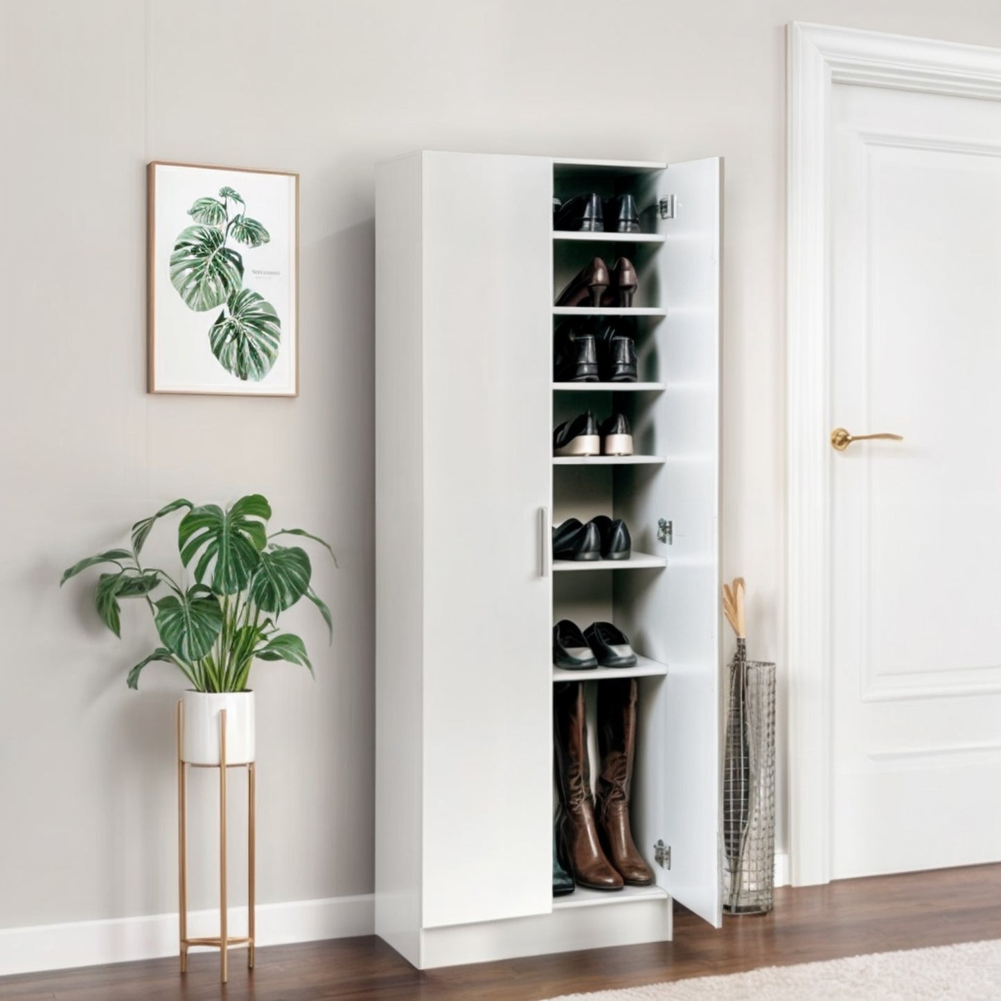 Armario Zapatero de Gran Capacidad en Color Blanco, Marrón y Roble – 171x60x35 cm – Diseño Vertical y Compacto