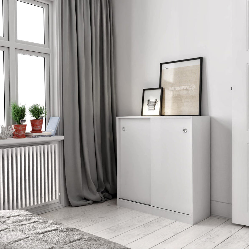 Buyqualia Armario bajo Puertas correderas con estantes Multiusos Zapatero estantería Oficina (White)