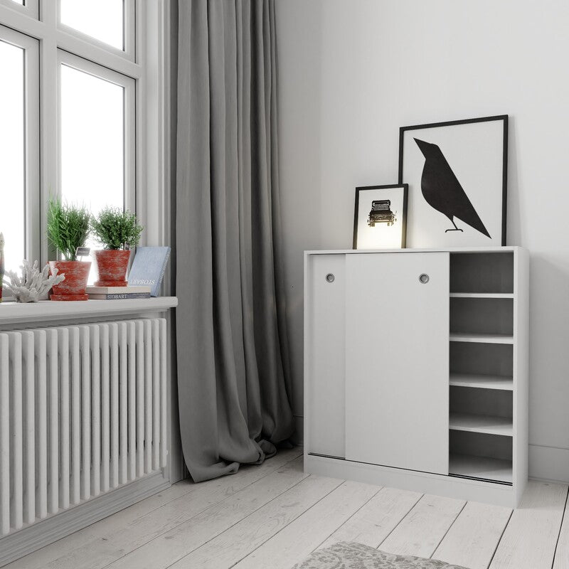 Buyqualia Armario bajo Puertas correderas con estantes Multiusos Zapatero estantería Oficina (White)
