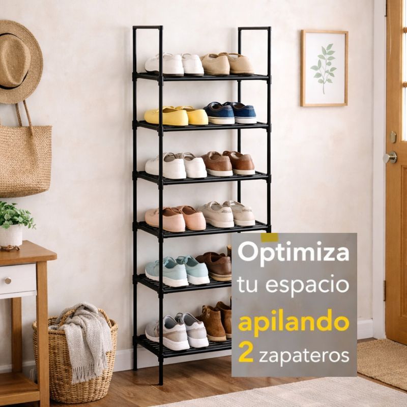 Zapatero de niveles con estructura metálica negra, apilable.