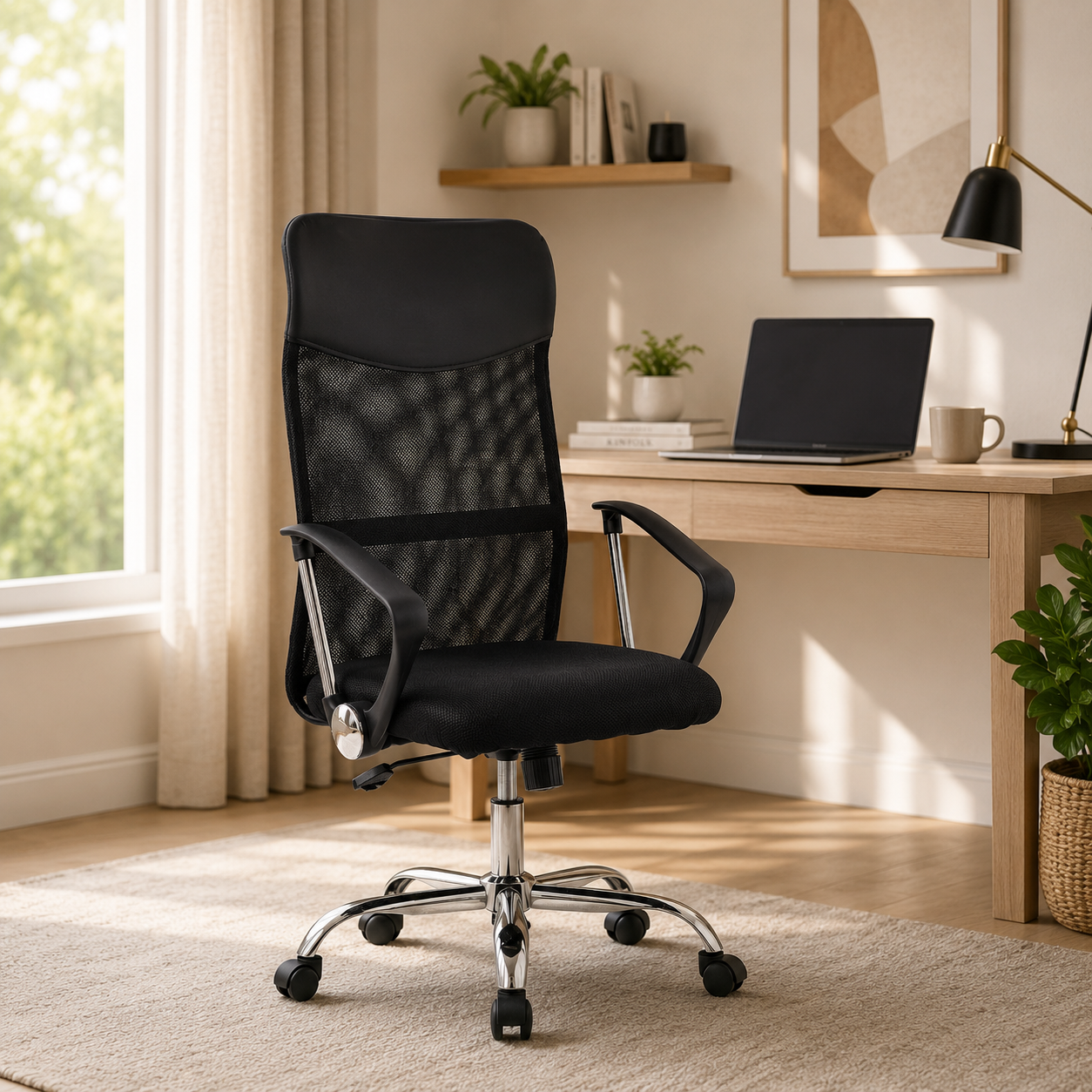 Silla de oficina negra con respaldo alto de malla y patas metálicas – Ergonómica y transpirable, 115x60x63 cm - Buyqualia