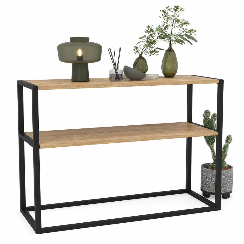 Buyqualia Consola recibidor de Estilo Industrial con estantes en melamina - Color safir y Estructura de Acero en Negro (Alto 90 / Ancho 90 / Fondo 34) cm