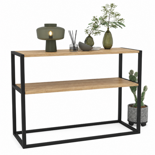 Buyqualia Consola recibidor de Estilo Industrial con estantes en melamina - Color safir y Estructura de Acero en Negro (Alto 90 / Ancho 90 / Fondo 34) cm