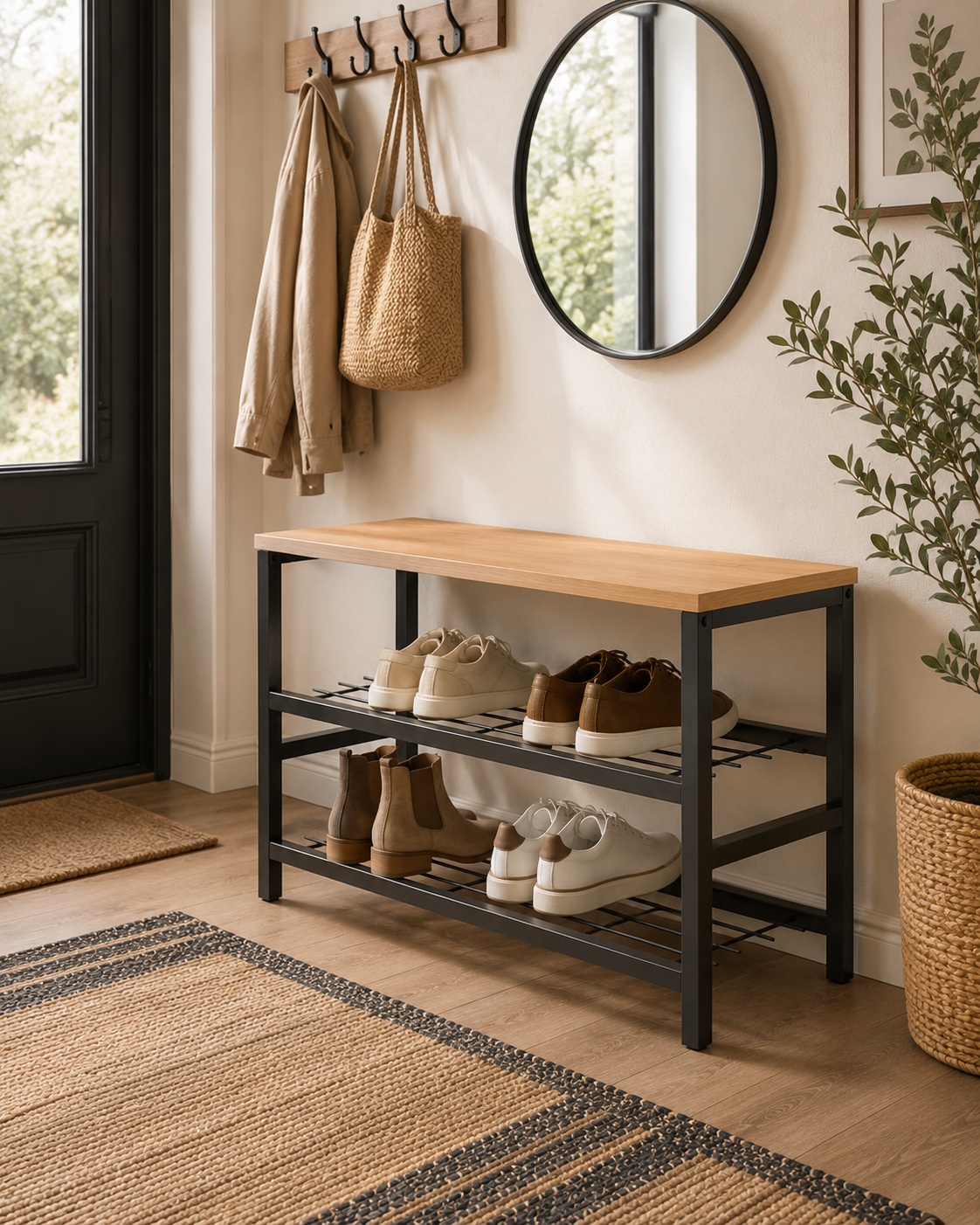 Banco Zapatero de Estilo Industrial – 45x65x30 cm | 2 Alturas para Zapatos | Asiento Funcional para Recibidor o Entrada - Buyqualia