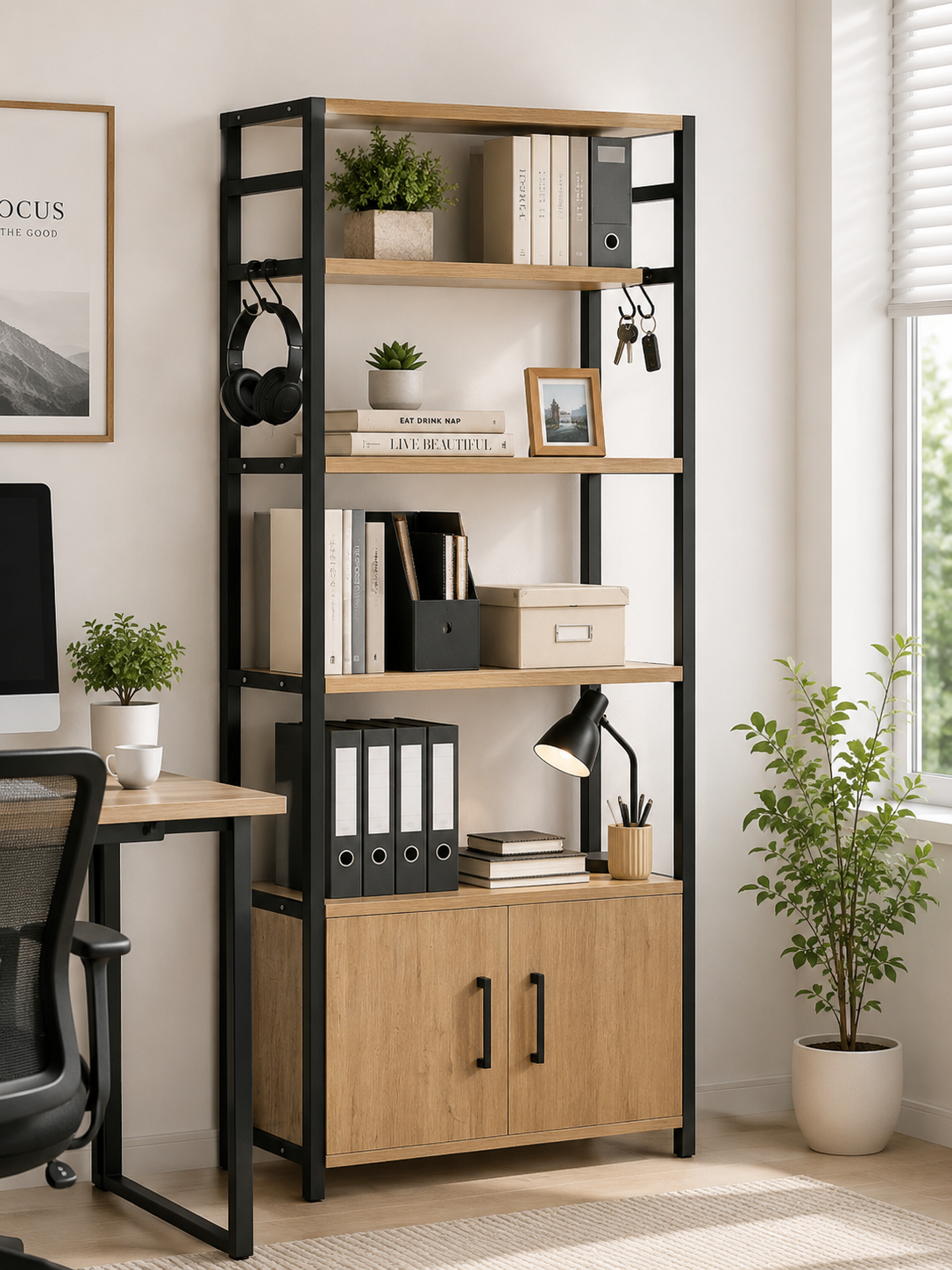 Estantería Alta de Estilo Industrial – 138x56x30 cm | 4 Baldas Abiertas + Armario Inferior con Puertas | Ideal para Estación de Café o Microondas - Buyqualia