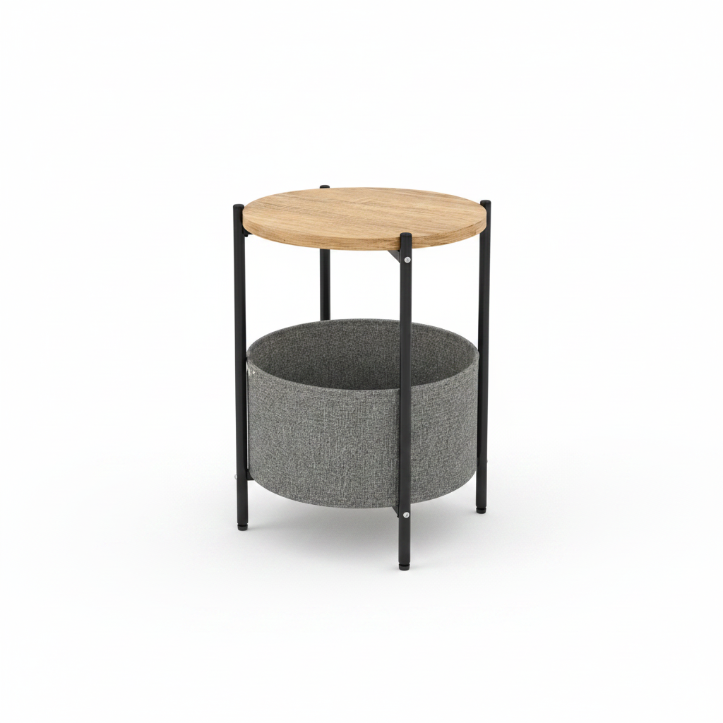 Mesita Auxiliar Redonda con Revistero de Tela – Madera y Metal – Estilo Moderno Industrial - Buyqualia
