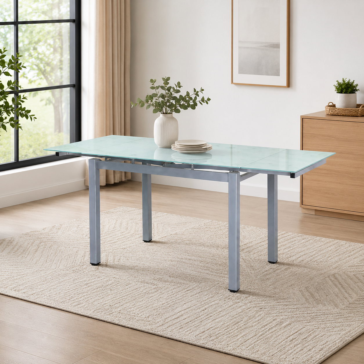 Mesa de Comedor Extensible con Tapa de Vidrio Opaco y Estructura de Aluminio Gris – 110/170x70x76 cm – Moderna y Funcional