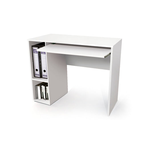 Buyqualia Escriorio Mesa Oficina con Bandeja extraíble y estantes, en Color Blanco, Roble y Blanco-Roble (Alto 75 / Ancho 90 / Fondo 45 cm)