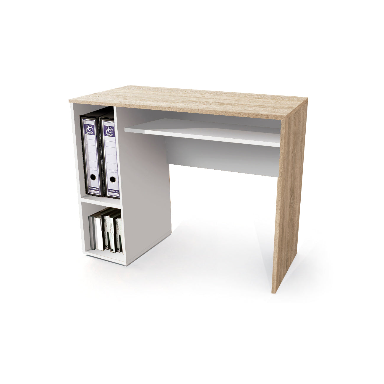 Buyqualia Escriorio Mesa Oficina con Bandeja extraíble y estantes, en Color Blanco, Roble y Blanco-Roble (Alto 75 / Ancho 90 / Fondo 45 cm)