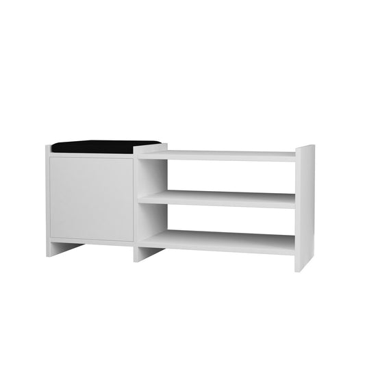 Banco zapatero asiento con cojín puerta y estantes sobre fondo blanco de Buyqualia en color blanco