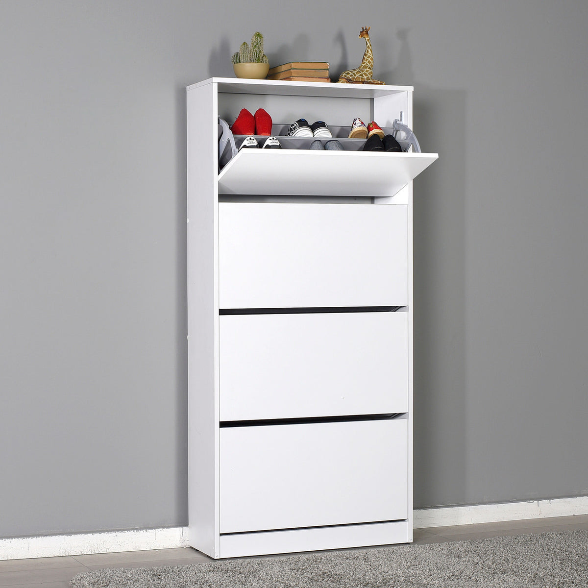 mueble zapatero cuatro cajones en color blanco abierto decorado de buyqualia