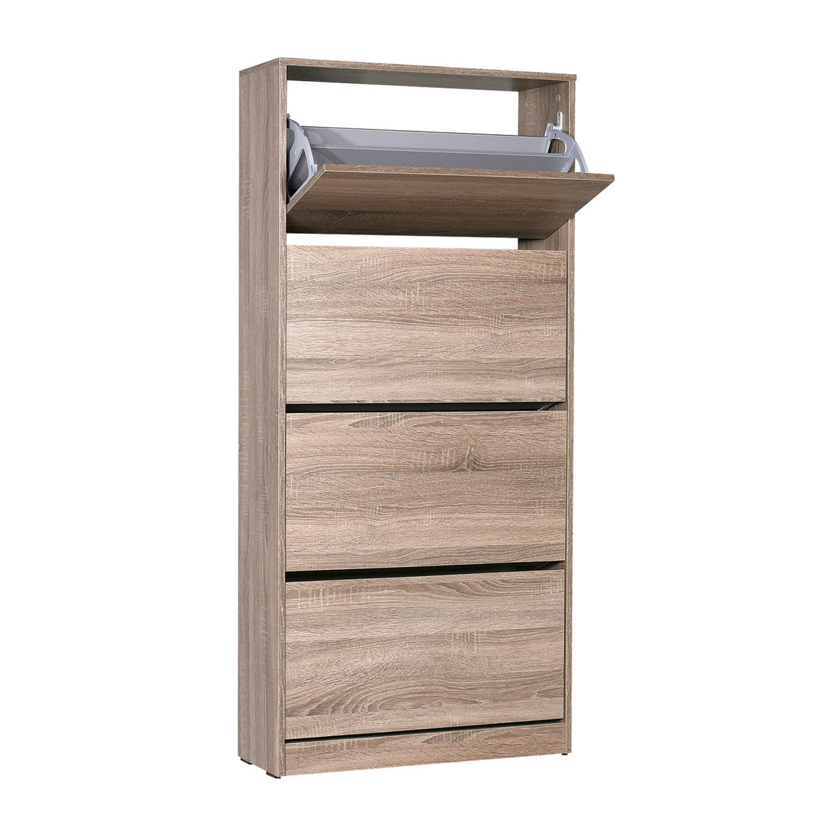 mueble zapatero cuatro cajones en color roble abierto de buyqualia