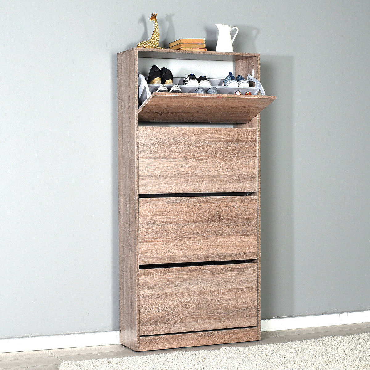mueble zapatero cuatro cajones en color roble abierto decorado de buyqualia